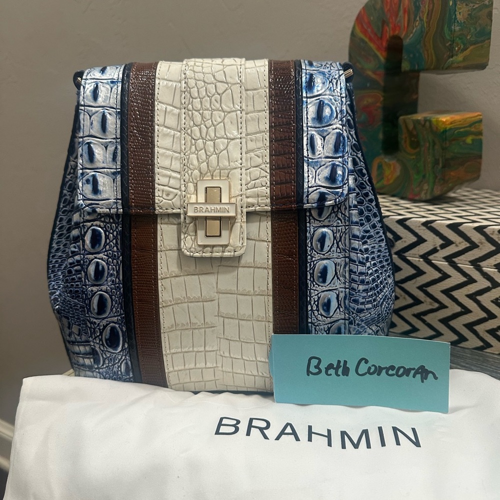 Brahmin Blue and White Croc Embossed Backpack